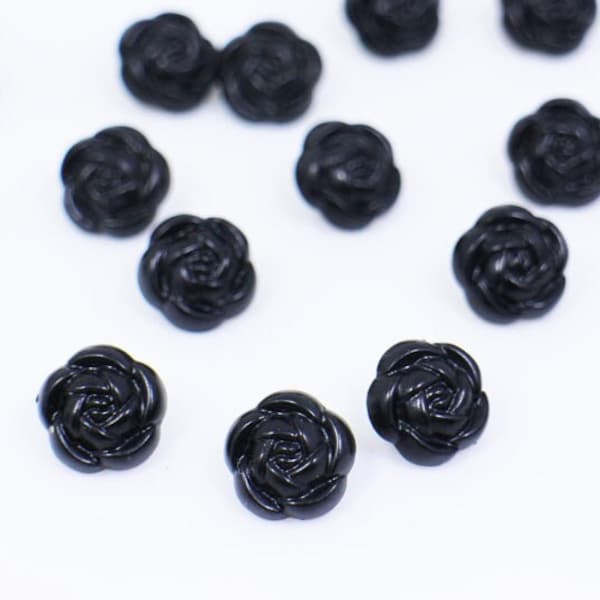 Black Rose Shank Buttons, Flower Floral Shape, Made of ABS Plastic, For Sewing Dress Blouse Shirt DIY, 11.5mm, Small Size, Elegant Classy