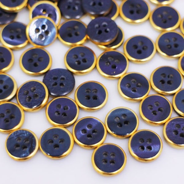 Dark Blue and Gold Buttons, Four Holes, Golden Edge, Flat Top, For Sewing Blouse Shirt DIY, Elegant Classy Stylish, 10mm, Made of Resin