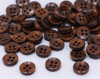 Dark Brown Wooden Buttons, Bowl Shape, Natural Wood Material, Four Holes, 10mm, 0.39inch, For Men Suit Shirt Sewing, Mini Tiny Size, Natural