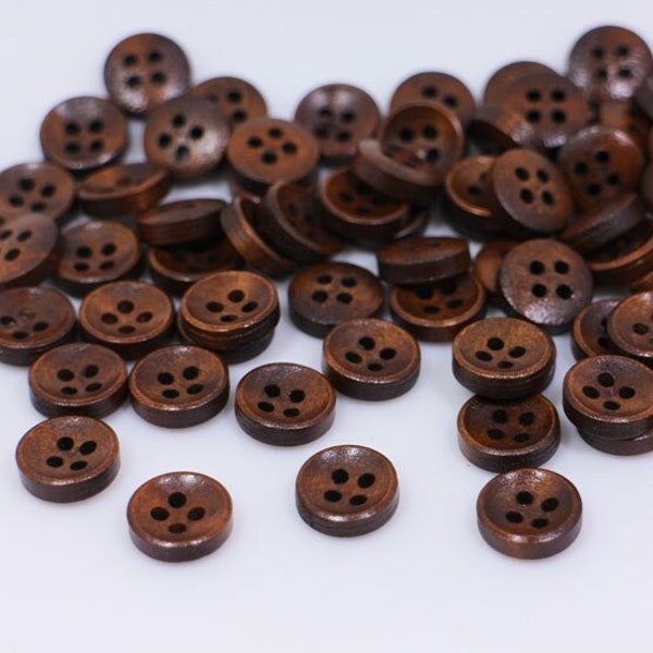 Dark Brown Wooden Buttons, Bowl Shape, Natural Wood Material, Four Holes, 10mm, 0.39inch, For Men Suit Shirt Sewing, Mini Tiny Size, Natural