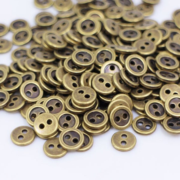 Antique Bronze Color Metal Button, Extra Small Tiny Mini Size, Raised Edge, Two Holes, For Doll Toy Cloth Making Craft Material, 8mm,0.3inch