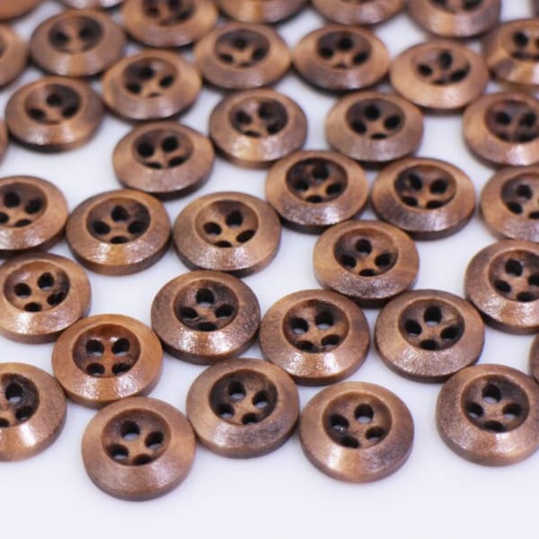 Brown Wood Buttons, Wide Raised Edge, Rustic Style, Natural Wood, Four Holes, For DIY Crochet Blouse Shirt Pajama, Round Shape, 11.5mm,