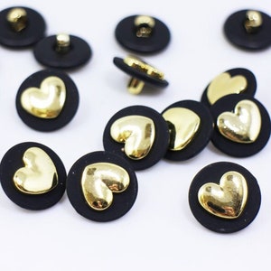 Heart Shank Buttons, Black and Gold Color, Made of Plastic, Vintage Style, Elegant Classy, For Sewing Cardigan Blazer Dress, 18mm, 0.7in