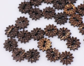 Floral Shape Coconut Shell Button, 11mm, 0.43inch, Dark Brown Color, Flower Cut Out, 2 Holes, Natural Shell, BOHO Style, For Blouse Shirt