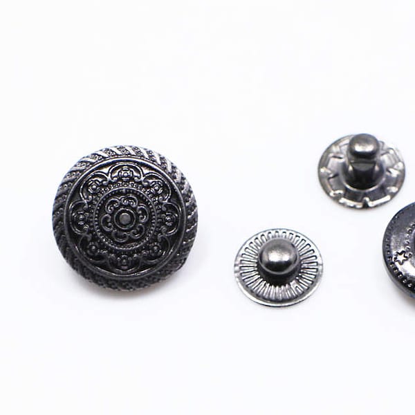 Dark Silver Metal Black Flower Snap Buttons, Upholstery Button, Snaps Popper, Snap Fastener, Leather Craft Closure,Metal Snap,Model 633,15mm