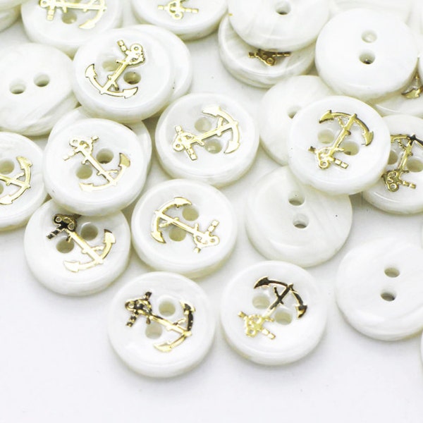 Golden Anchor Seashell Buttons, Pearl White, Made of Sea Shell, For Sewing Blouse Shirt,  Two Holes, Coastal Theme, 12mm, 0.47inch, Elegant