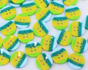 Green Striped Button, Bowl Shape, Green and Yellow Color, Four Holes, For Making Shirt Blouse, 12.5mm, Half Inch, Retro Style, Made of Resin