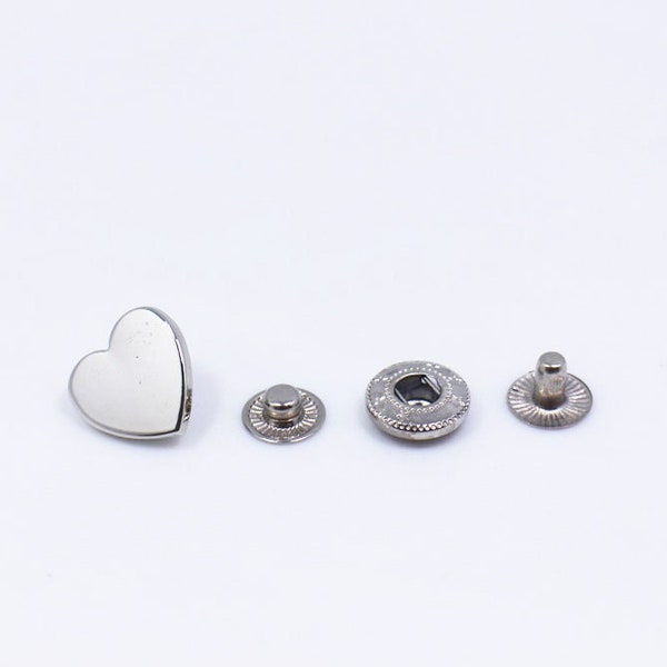 Silver Heart Metal Snap Buttons, Heart Shaped Snaps, Press Stud, Snap Fastener, Leather Craft Supplies, Upholstery Buttons, Wallet Closure