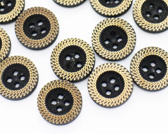 Geometric Pattern Wooden Button, Dark Brown, BOHO Bohemian Ethnic Style, 4 Holes, 15mm, 0.59inch, Wide Edge, Elegant Stylish, Round Shape