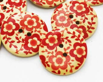 Large Red Flower Wood Buttons, Floral Print, Natural Wooden Material, Two Holes, 30mm, 1.18inch, Garden Theme, Large Size, Round Shape, Cute