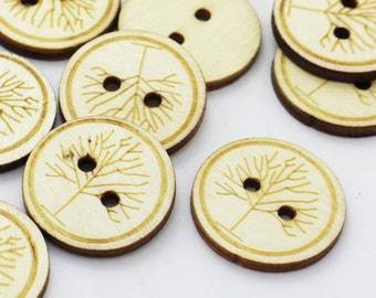 Tree Wood Button, Coat Button, Natural Wood Color Button, Children Button, Baby Button, Trees Drawing, Two Holes Sew On Button, 25mm