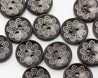 Dark Brown Wood Button, Spiral Patter, Flower Print, Natural Wooden Materials, 2 Holes, Floral Style, BOHO Design,18mm, 0.7inch, Medium Size