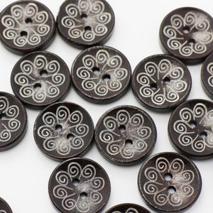 Dark Brown Wood Button, Spiral Patter, Flower Print, Natural Wooden Materials, 2 Holes, Floral Style, BOHO Design,18mm, 0.7inch, Medium Size