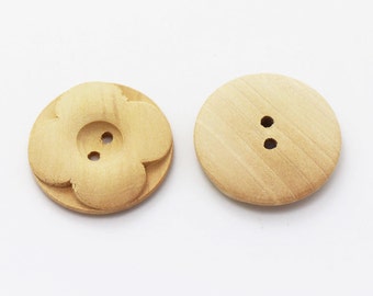 Flower Wooden Button, Floral Cut Out Design, 2 Holes, Natural Wood Color, 30mm, 1.18inch, Large Size, Round Shape, For Coat Jacket DIY Craft