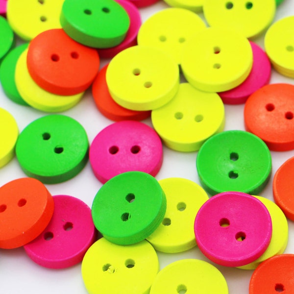 Neon Colors Wooden Button, Bowl Shape, Neon Yellow Green Pink, Two Holes, 15mm, 0.59inch, Round Shaped, Sharp Colors, For Crochet Knitting