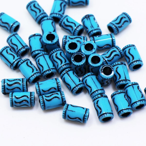 Boho Blue Tube Bead, Forme de petit tube rond, Tribal BOHO Pattern, Accessoires Craft Supplies, Wave Pattern, Couleur bleue et noire, 9mm