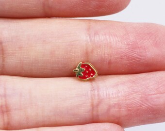 Mini Red Strawberry Metal Button, Tiny Extra Small, For Doll Cloth Making, Gold Edge, Dolls DIY Craft Material, Red and Green, Cute Lovely