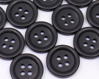 Matte Black Buttons, No Shine, Four Holes, Rasied Edge, For Sewing Suit Jacket Blazer, 15mm, 0.6inch, Medium Size, Simple Basic, Round Shape