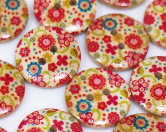 Flower Wooden Buttons, Floral Pattern, Red and Blue Color, 2 Holes, 18mm, 0.7inch, Summer Cute, For Sewing Sweater Jacket Coat, Round Shape