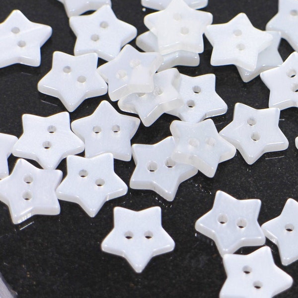 White Star Buttons, Star Shaped, Shiny, Two Holes, For Sewing Children Dress Cardigan, 11mm, 0.43inch, Semi-transparent, Irregular Special