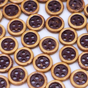 Mini Brown Wooden Buttons, Tiny Extra Small Size, Raised Edge, Natural Wood Finish, Four Holes, For Sewing Blouse Shirt Pajama, 9mm,0.35inch