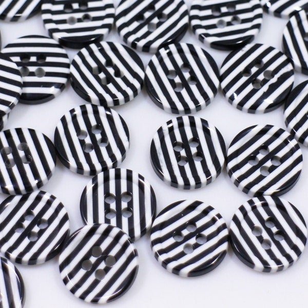 Black Striped Button, Black and White, Lined Pattern, For Sewing Shirt, Four Holes, Made of Resin, Thin Raise Edge, 12mm, Half Inch, Stylish