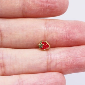 Mini Red Strawberry Metal Button, Tiny Extra Small, For Doll Cloth Making, Gold Edge, Dolls DIY Craft Material, Red and Green, Cute Lovely