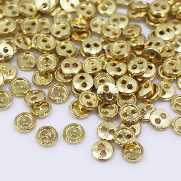 Tiny Gold Metal Button, Extra Small Mini Size, Golden Color, Two Holes, Raised Edge, For Doll Cloth Making Craft Material, 5mm, 0.2inch