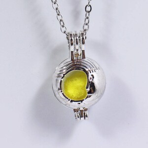 以下が含まれることがあります： 銀色のチェーンネックレスに、丸い銀色のペンダントがついたもの。ペンダントには小さな透明な窓があり、黄色い内部が見える。