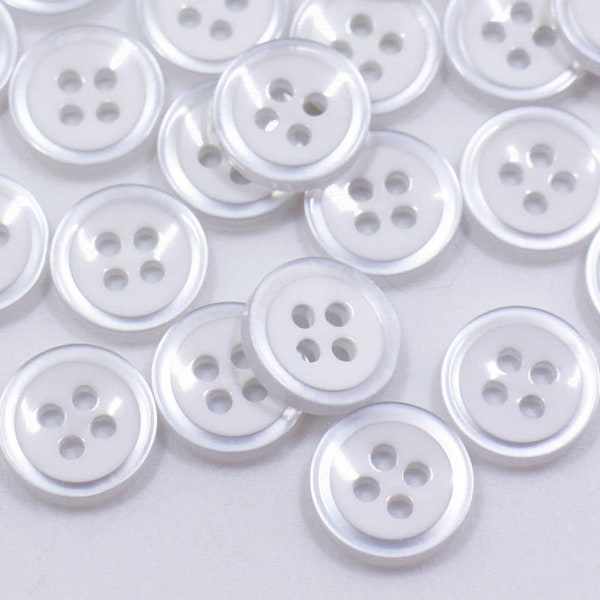 20 White Four Holes Buttons, Round Shaped, For Sewing Blouse Shirt Pajama, Small Size, 12mm, 0.47inch, Shiny Finish, Resin Material, Simple