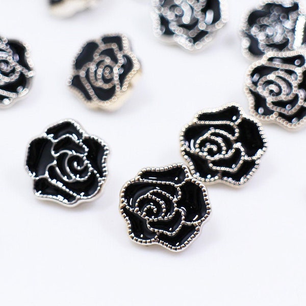 Black Rose Shank Button, Rose Gold Edge, Flower Shaped, Elegant Beautiful, For Blouse Dress, Floral, Made of ABS Plastic, 13mm, Half Inch