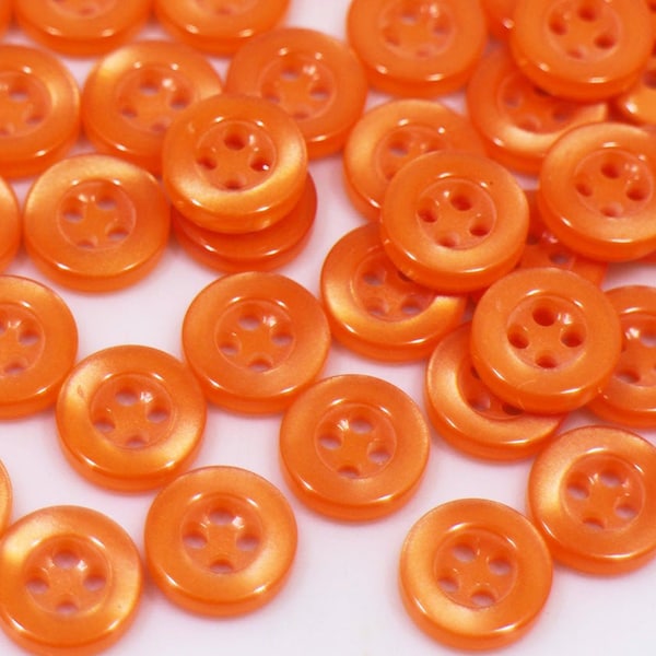 Orange Buttons, Small Size, Shiny Finish, For Sewing Blouse Shirt Pajama, Four Holes, Made of Resin, Raised Edge, 9mm, 11mm, Matching Size