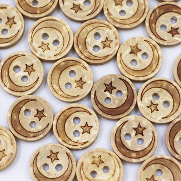 Moon and Star Coconut Shell Buttons, Small Size, Zodiac Sign, Decorative, Two Holes, 10mm, 0.39inch, Bowl Shape, Beige Light Brown Color