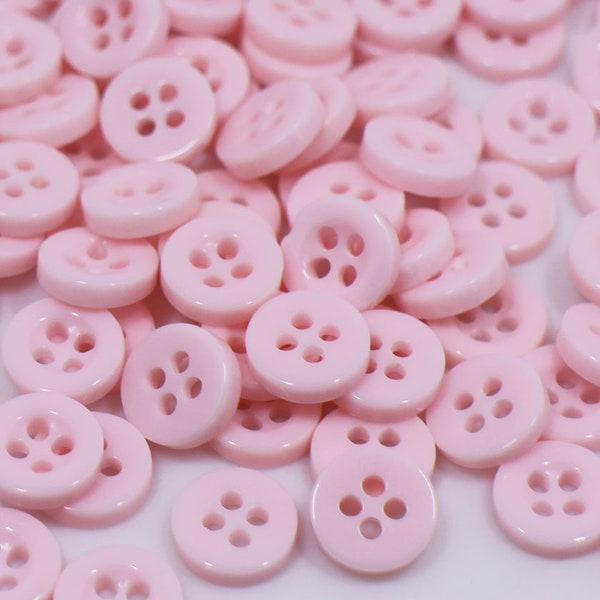 50 Pale Pink Buttons, Made of Resin, Four Holes, Raised Edge, Round Shape, 9mm,11mm,15mm,18mm, Small to Large Size, Solid Color, Pastel Pink