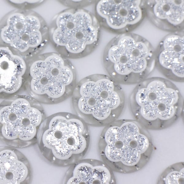 Flower Glitter Buttons, Silver Shimmer Glitter, Two Holes, Floral Shape, For Sewing Children Blouse Cardigan Dress,12mm,0.47inch,Round Shape