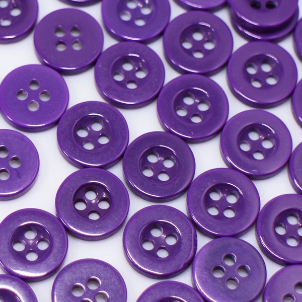 50 Dark Purple Buttons, Resin Material, Four Holes, Raised Edge, Round Shape, 9mm,11mm, Small Size, Solid Color, For Shirt Blouse Sewing