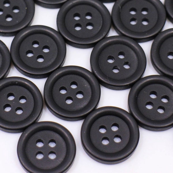 Matte Black Buttons, No Shine, Four Holes, Rasied Edge, For Sewing Suit Jacket Blazer, 15mm, 0.6inch, Medium Size, Simple Basic, Round Shape