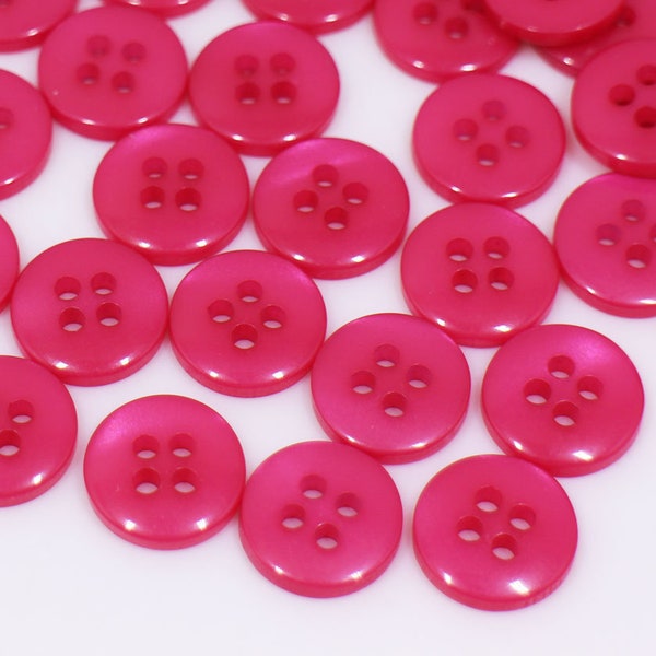 Raspberry Pink Button, Glossy Finish, Four Holes, For Sewing Dress Blouse, Raised Top, Dark Pink Color, Round Shape, Girly Cute, 11.5mm