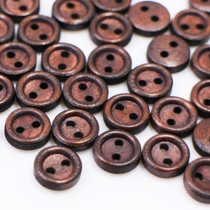 Small Brown Wood Buttons, Two Holes, Natural Wooden Material, Raised Edge, 9mm, 0.35inch, Small Mini Tiny Size, Dark Brown, For Blouse Shirt