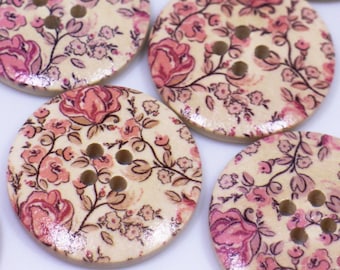 Pink Rose Wooden Button, Large Flower Pattern, Floral Print, Natural Wood, Four Holes, 30mm, 1.18inch, Pink and Beige, Vintage Style
