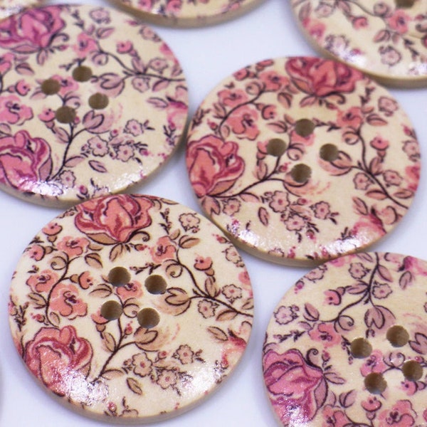 Pink Rose Wooden Button, Large Flower Pattern, Floral Print, Natural Wood, Four Holes, 30mm, 1.18inch, Pink and Beige, Vintage Style