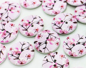 Roze Sakura houten knop, bloem patroon, bloemenprint, twee gaten, natuurlijk hout, 25mm, 1inch, lichtroze kleur, romantisch mooi, voor diy