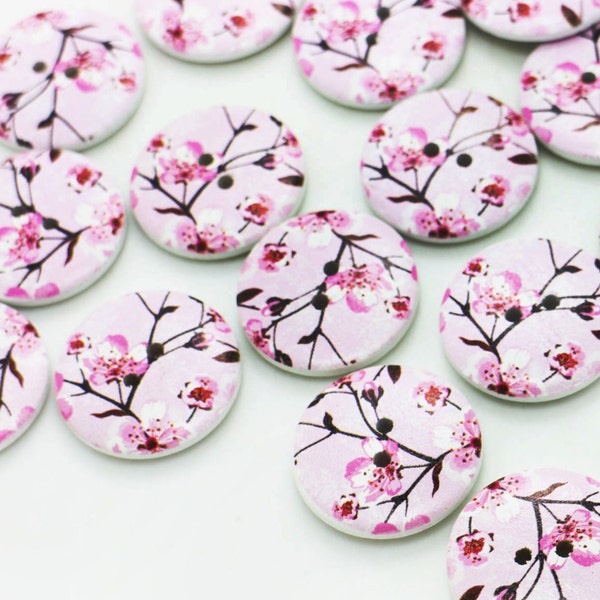 Bouton en bois Sakura rose, motif de fleurs, imprimé floral, deux trous, bois naturel, 25mm, 1 pouce, couleur rose clair, romantique magnifique, pour bricolage