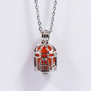May include: A silver necklace with a cage pendant. The cage is open and has a small door. The cage is filled with a red, orange, and yellow stone.