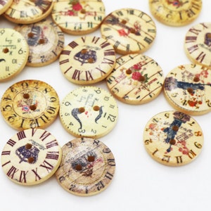 May include: Assortment of round wooden buttons with a vintage clock face design. The buttons feature various clock faces with Roman numerals and different decorative elements. The buttons are beige with brown accents.