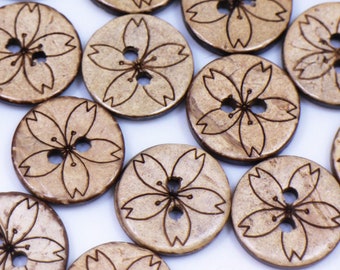 Flower Coconut Shell Buttons, Light Brown Color, Natural Coconut Materials, Sakura Flower Print, 2 Holes, 15mm, 0.59inch, Medium Size, Round