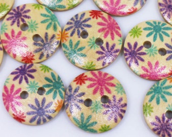 Flower Wooden Buttons, Blue & Purple Color, Floral Pattern, botón de madera, Medium Size, 2 Holes, Colorful and Beautiful, 18mm, 0.7inch