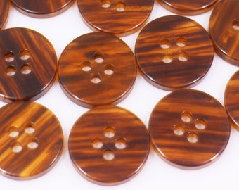 Brown Wood Look Button, For Sewing Suit Jacket Coat, Vintage Retro Style, Four Holes, Made of Resin, Marble Pattern, Flat Top, 15mm, Smooth