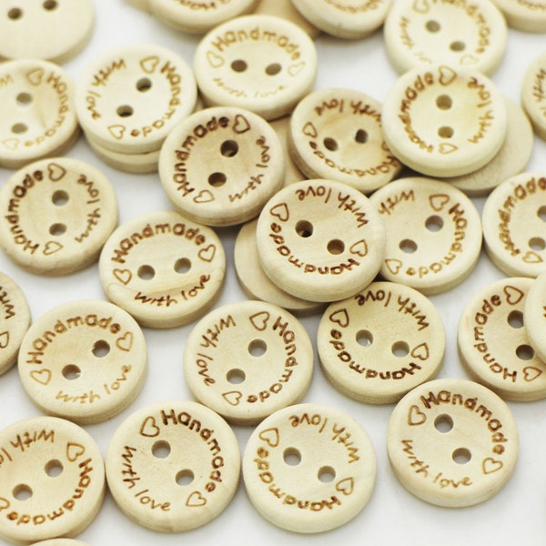 Handmade with love Wooden Button, Beige Color, Heart Print, 2 Holes, Bowl Shape, 15mm, 0.59inch, For Handmade Lover Craft Design Product DIY