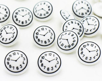 Clock Shank Buttons, Cute Print, Special Unique, Time, Made of Resin, Black and White Color, Mushroom Shape, For Sweater, Back Hole, 15mm